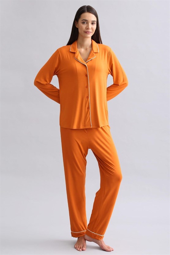 Mısırlı Kadın Modal Uzun Kollu Gömlek Pas Kırmızı