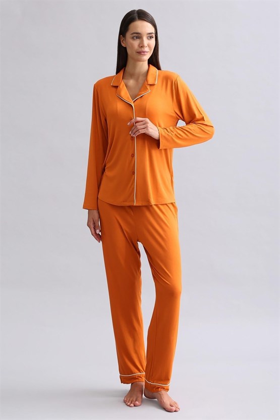 Mısırlı Kadın Modal Uzun Kollu Gömlek Pas Kırmızı