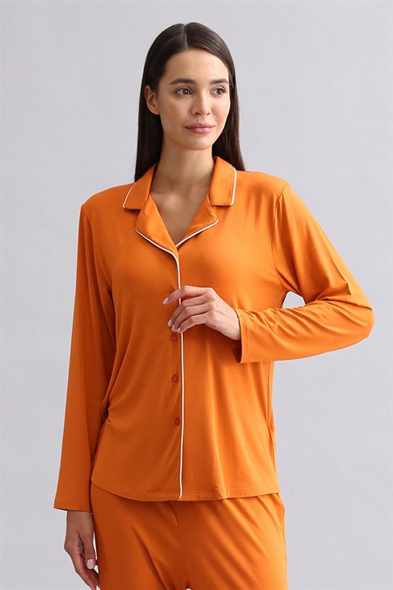 Mısırlı Kadın Modal Uzun Kollu Gömlek Pas Kırmızı