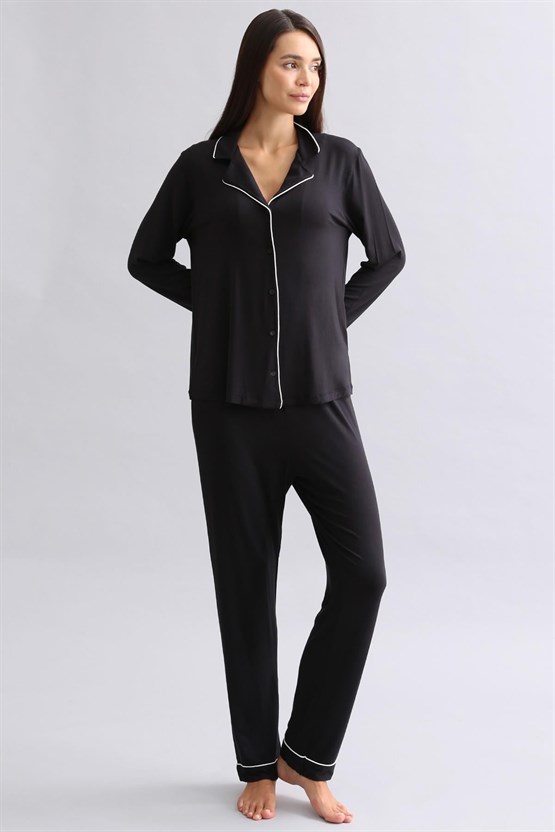 Mısırlı Kadın Modal Uzun Kollu Gömlek Siyah