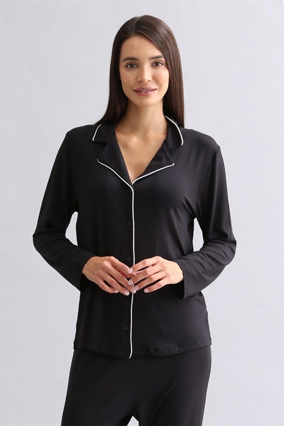 Mısırlı Kadın Modal Uzun Kollu Gömlek Siyah