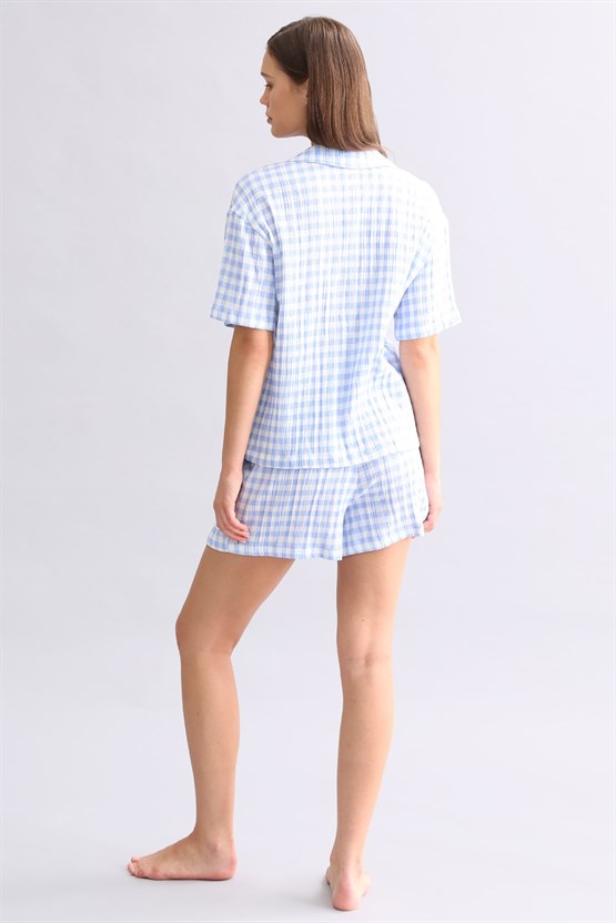Mısırlı Kadın Pamuk Ekoseli Gömlek Şort Takım Açık Mavi