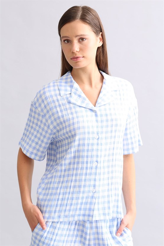 Mısırlı Kadın Pamuk Ekoseli Gömlek Şort Takım Açık Mavi