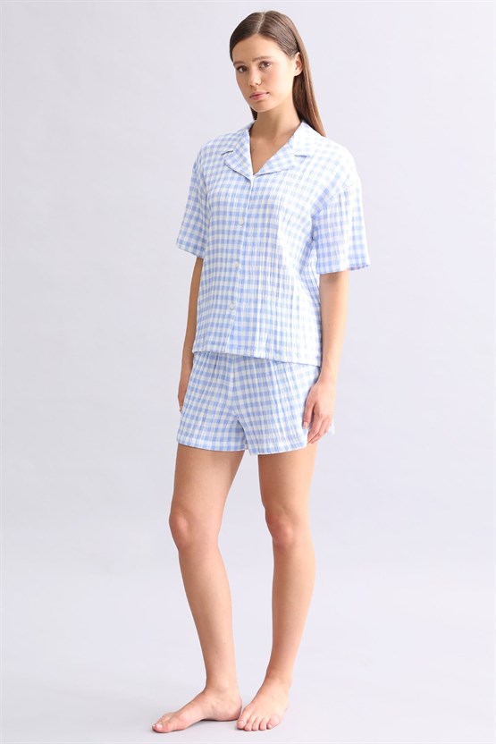 Mısırlı Kadın Pamuk Ekoseli Gömlek Şort Takım Açık Mavi