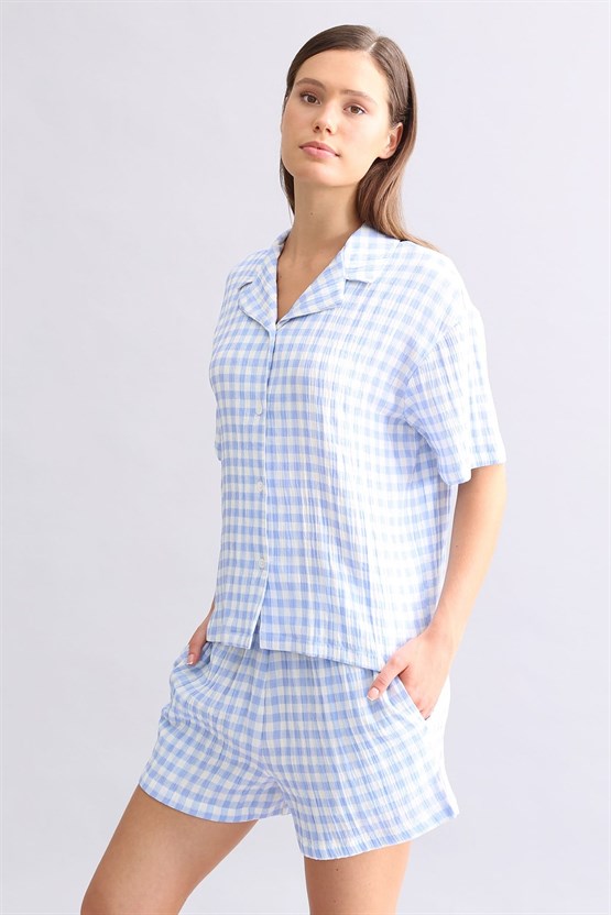 Mısırlı Kadın Pamuk Ekoseli Gömlek Şort Takım Açık Mavi