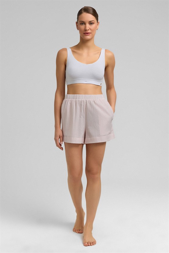 Mısırlı Kadın Pamuk Ekoseli Mini Şort Açık Pembe