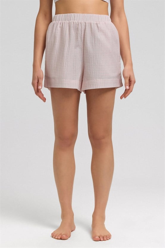 Mısırlı Kadın Pamuk Ekoseli Mini Şort Açık Pembe
