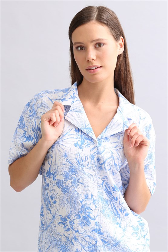 Mısırlı Kadın Pamuk Gömlek Şort Takım Mavi