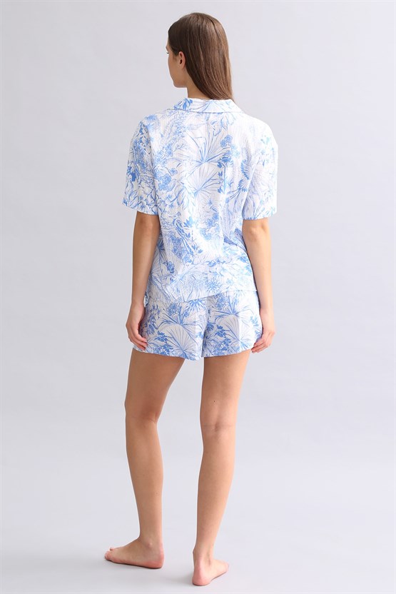 Mısırlı Kadın Pamuk Gömlek Şort Takım Mavi