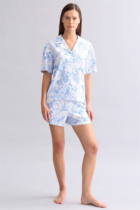 Mısırlı Kadın Pamuk Gömlek Şort Takım Mavi