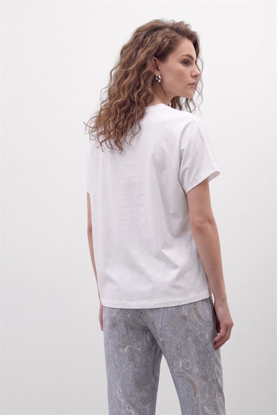 Mısırlı Kadın Pamuk Kısa Kol Pijama Takım Beyaz/Gri