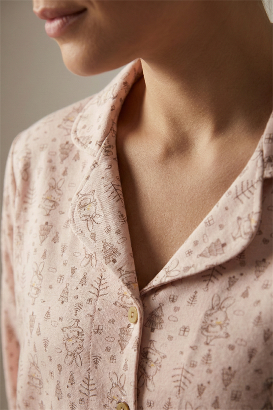 Mısırlı Kadın Pamuk Tavşan Baskı Detaylı Pijama Takım Açık Sarı