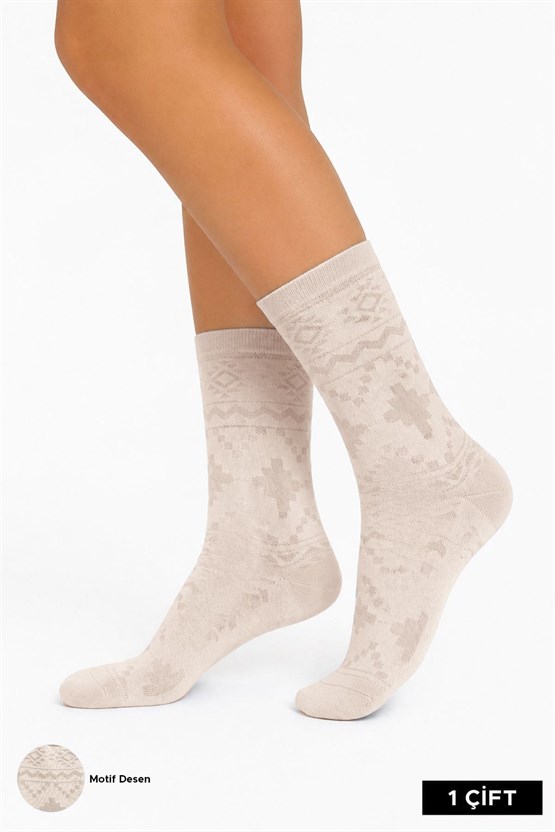 Mısırlı Kadın Pamuklu 4 Çift Motif Desenli Soket Çorap Bej