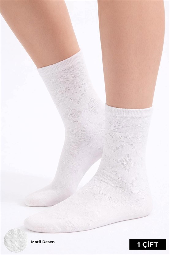Mısırlı Kadın Pamuklu 4 Çift Motif Desenli Soket Çorap Beyaz