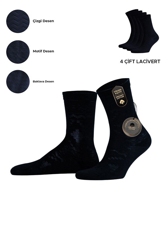 Mısırlı Kadın Pamuklu 4 Çift Motif Desenli Soket Çorap Lacivert