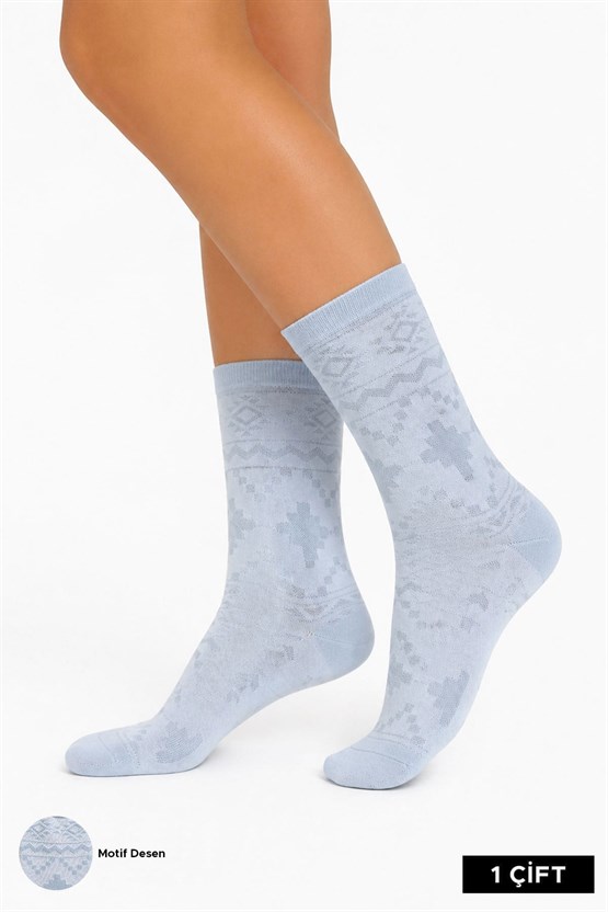 Mısırlı Kadın Pamuklu 4 Çift Motif Desenli Soket Çorap Mavi