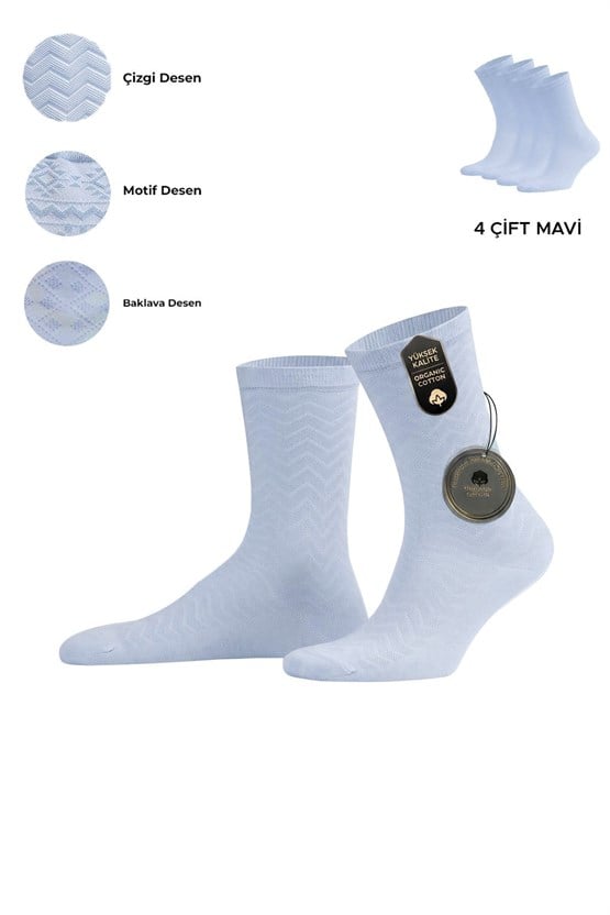 Mısırlı Kadın Pamuklu 4 Çift Motif Desenli Soket Çorap Mavi