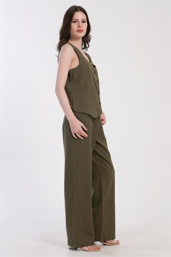 Mısırlı Kadın Pamuklu Dokuma Yelek Takımı Haki