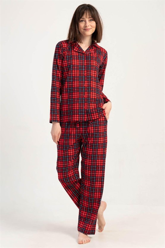 Mısırlı Kadın Pamuklu Ekoseli Uzun Kollu Gömlek Pijama Takımı Kırmızı