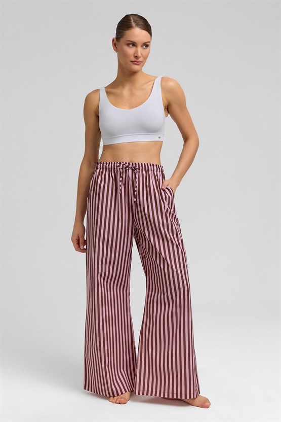 Mısırlı Kadın Pamuklu Poplin Çizgili Pijama Altı / Pantolon Kahverengi/Pembe