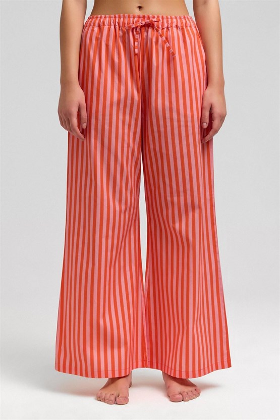 Mısırlı Kadın Pamuklu Poplin Çizgili Pijama Altı / Pantolon Turuncu-Pembe
