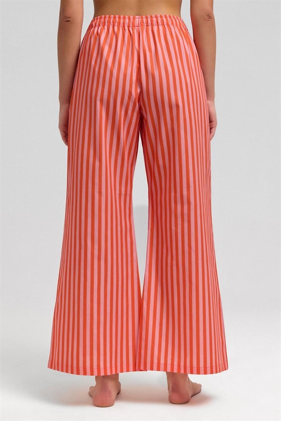Mısırlı Kadın Pamuklu Poplin Çizgili Pijama Altı / Pantolon Turuncu-Pembe