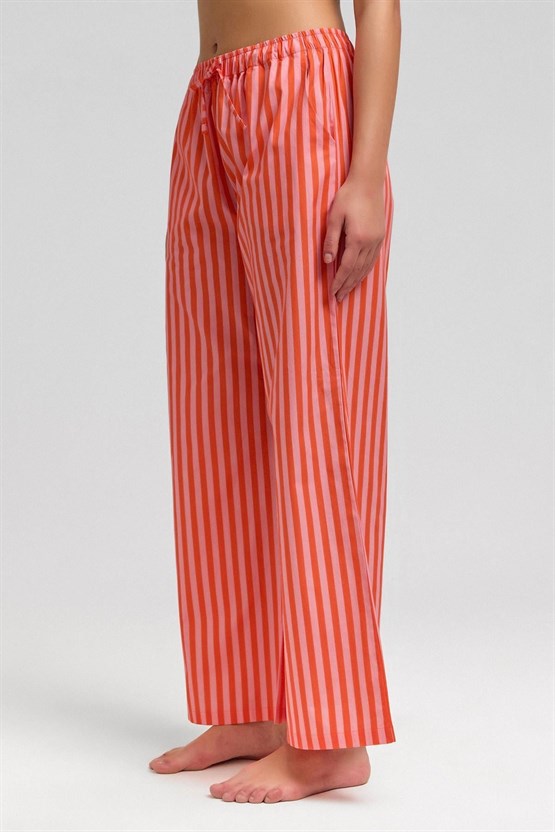 Mısırlı Kadın Pamuklu Poplin Çizgili Pijama Altı / Pantolon Turuncu-Pembe