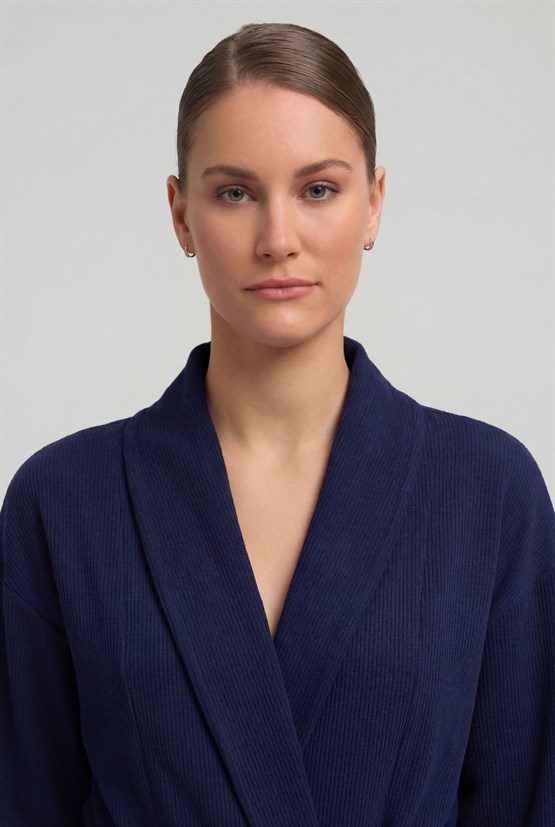 Mısırlı Kadın Pamuklu Waffle Kısa Sabahlık Lacivert