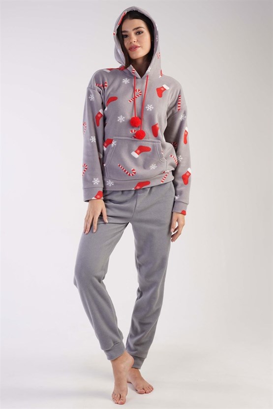 Mısırlı Kadın Polar Yılbaşı Temalı Kapüşonlu Pijama Takımı Gri