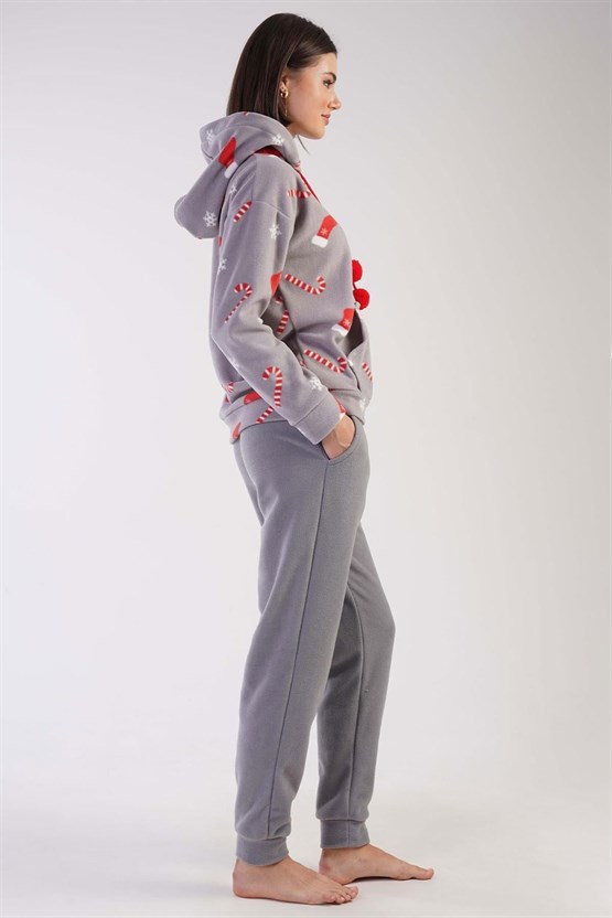 Mısırlı Kadın Polar Yılbaşı Temalı Kapüşonlu Pijama Takımı Gri
