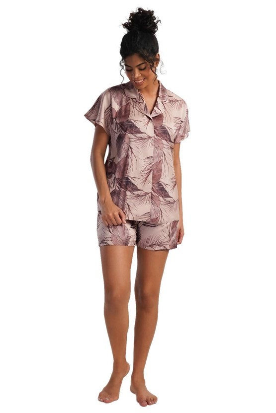 Mısırlı Kadın SATEN Kısa Kollu Şort Pijama Takımı Krem