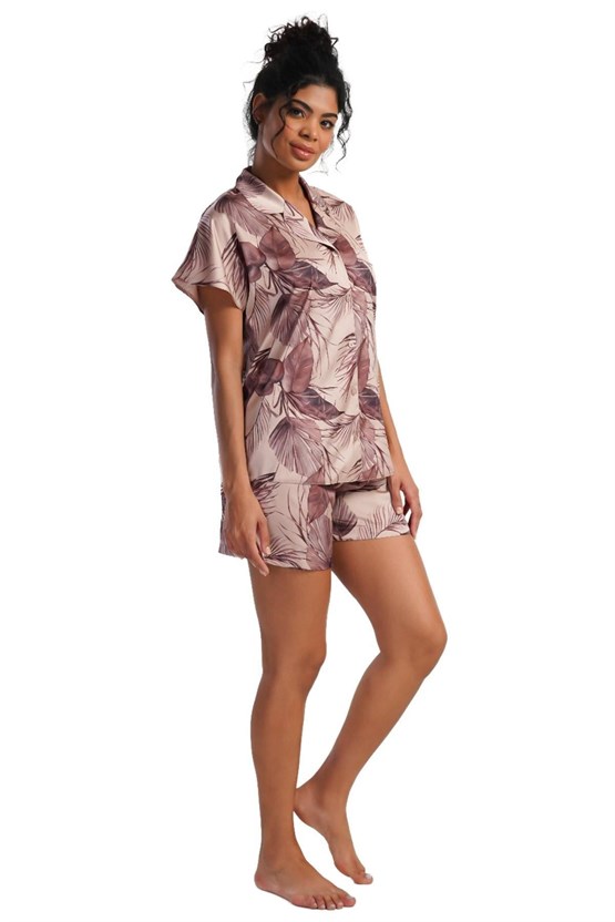 Mısırlı Kadın SATEN Kısa Kollu Şort Pijama Takımı Krem