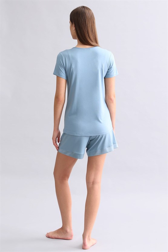Mısırlı Kadın Saten T-shirt Şort Takım Petrol Mavi