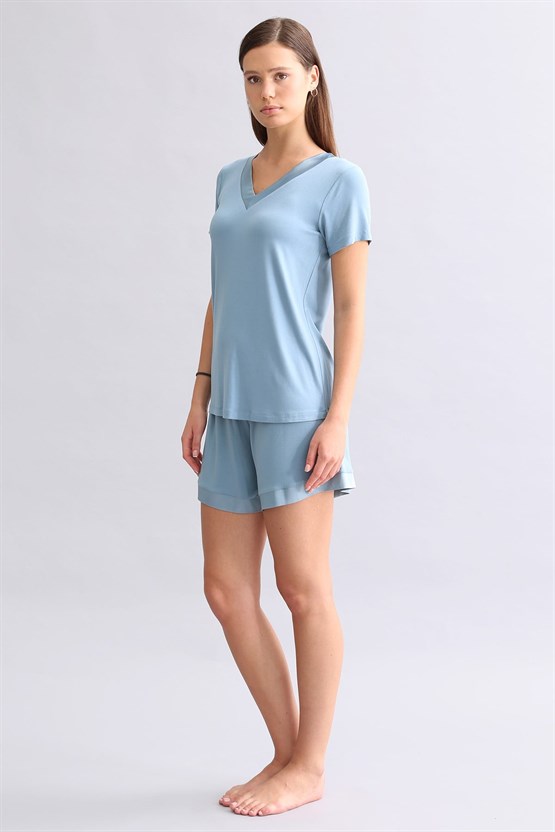 Mısırlı Kadın Saten T-shirt Şort Takım Petrol Mavi