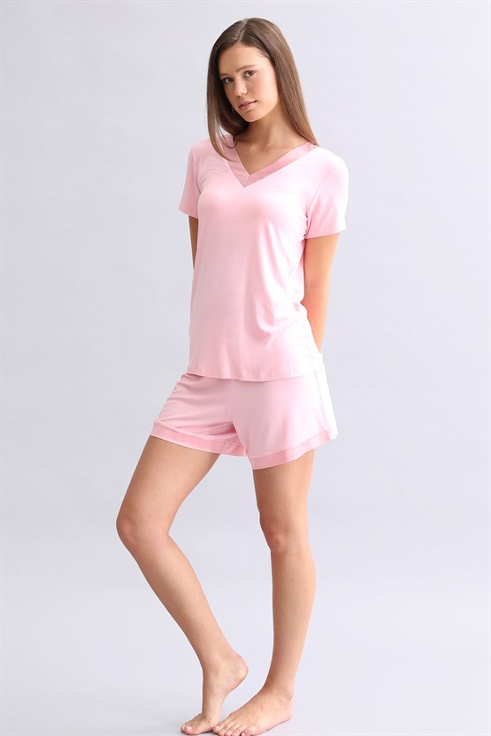 Mısırlı Kadın Saten T-shirt Şort Takım Pembe