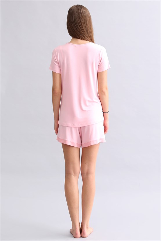 Mısırlı Kadın Saten T-shirt Şort Takım Pembe