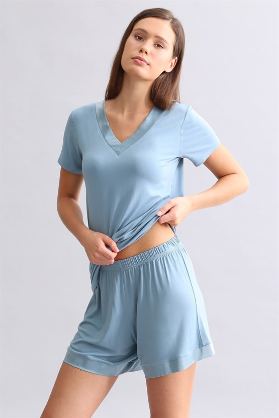 Mısırlı Kadın Saten T-shirt Şort Takım Petrol Mavi
