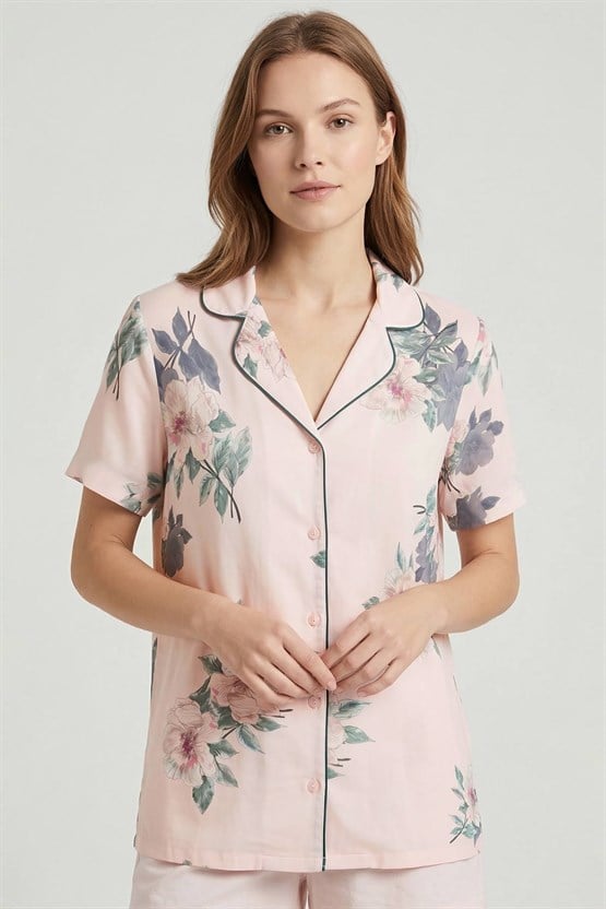 Mısırlı Kadın Viscon Dokuma Kısa Kol Gömlek Pudra