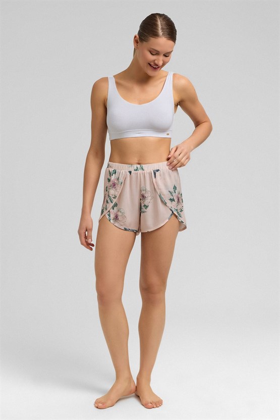 Mısırlı Kadın Viscon Dokuma Mini Şort Pudra