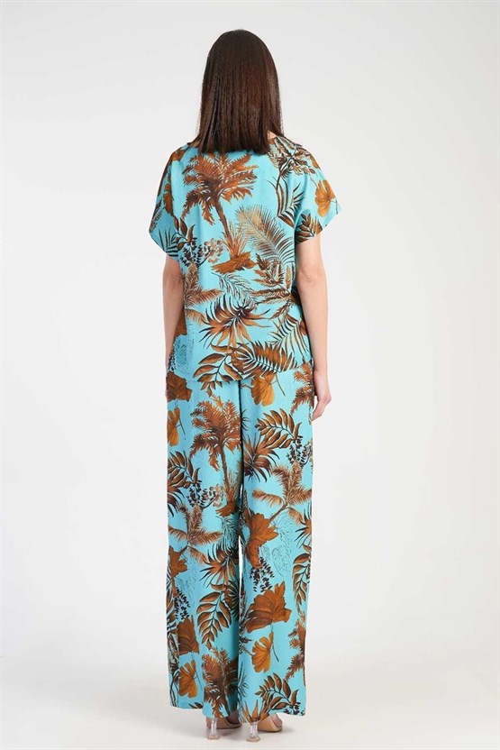 Mısırlı Kadın Viskon Desenli Pantolon Takımı Turkuaz
