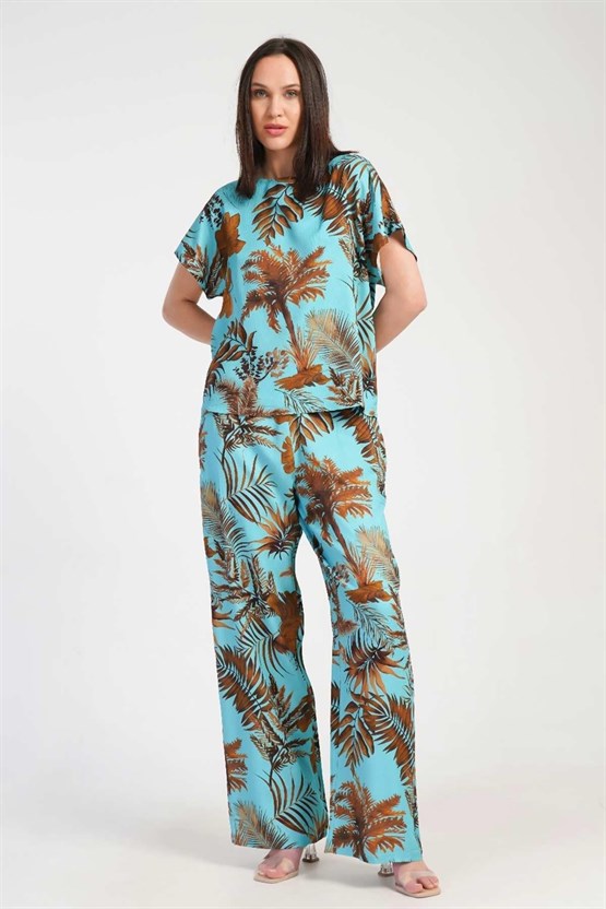 Mısırlı Kadın Viskon Desenli Pantolon Takımı Turkuaz