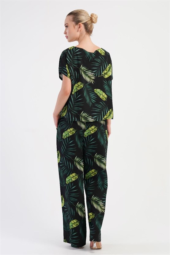 Mısırlı Kadın Viskon Desenli Pantolon Takımı Yeşil