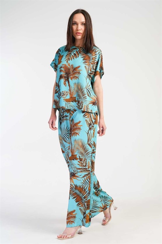 Mısırlı Kadın Viskon Desenli Pantolon Takımı Turkuaz