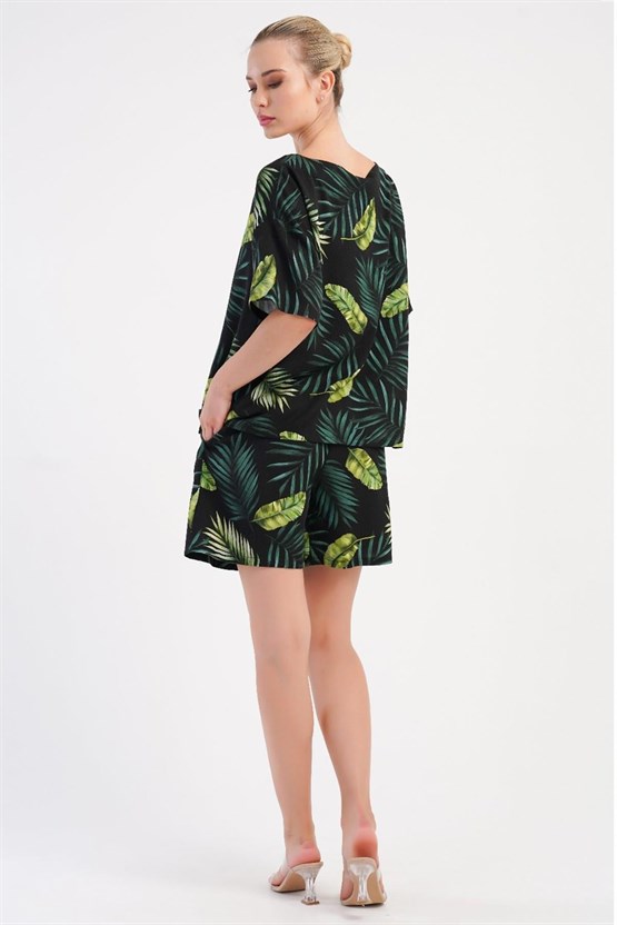 Mısırlı Kadın Viskon Desenli Şort Takım Yeşil