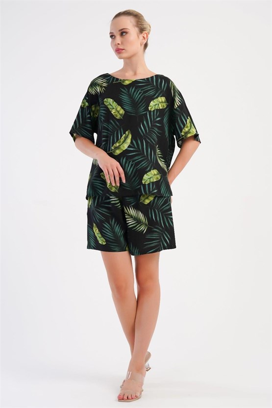 Mısırlı Kadın Viskon Desenli Şort Takım Yeşil