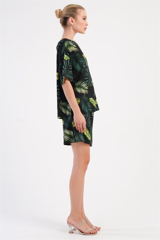 Mısırlı Kadın Viskon Desenli Şort Takım Yeşil