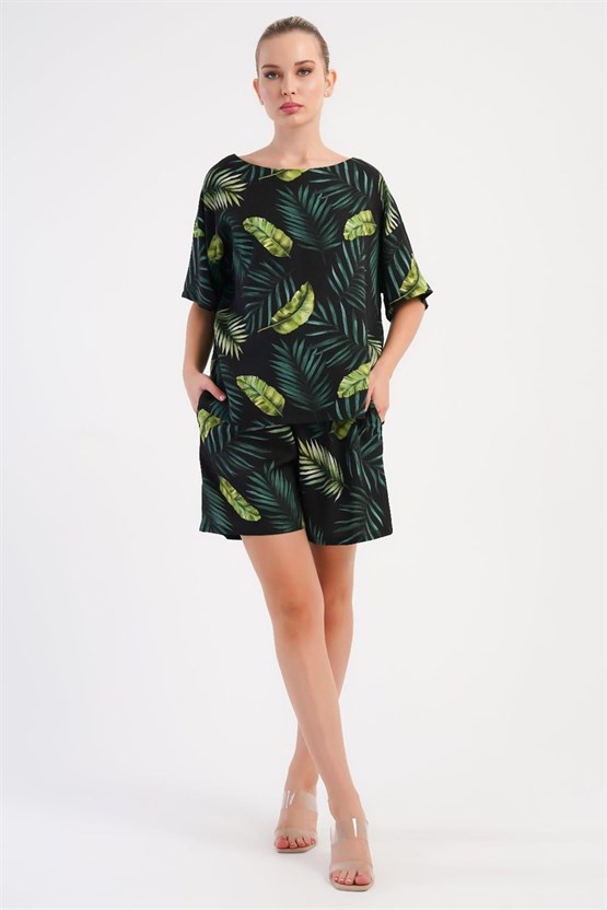 Mısırlı Kadın Viskon Desenli Şort Takım Yeşil