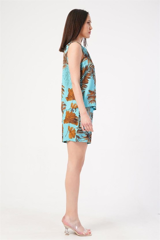 Mısırlı Kadın Viskon Desenli Şort Takımı Turkuaz