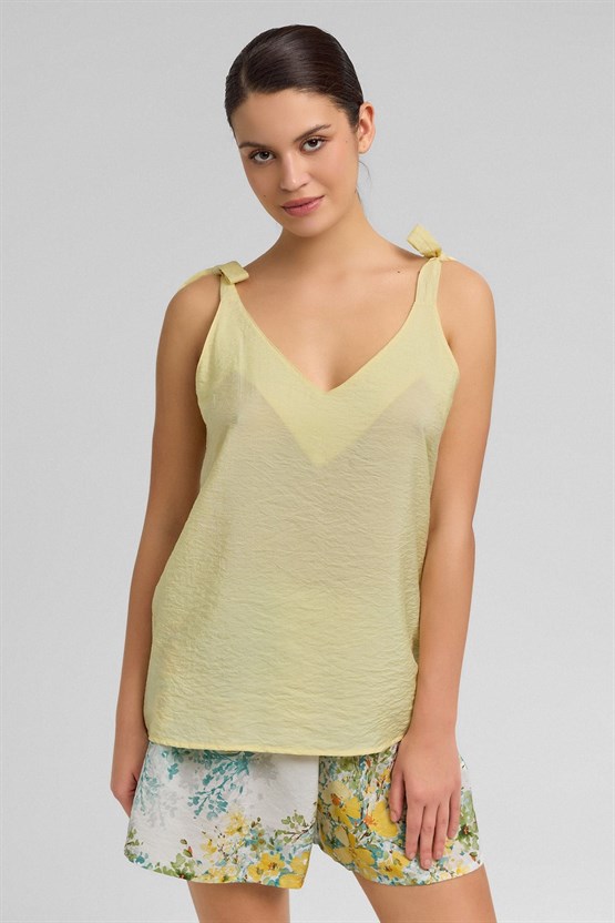 Mısırlı Kadın Viskon Dokuma Şort Askılı Takım Sarı