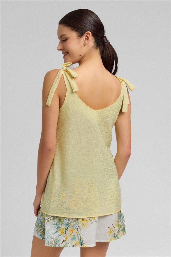 Mısırlı Kadın Viskon Dokuma Şort Askılı Takım Sarı